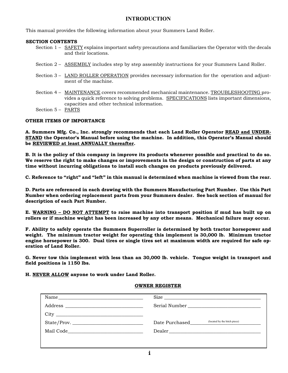 Owner registration | Summers 84' Superroller User Manual | Page 3 / 52