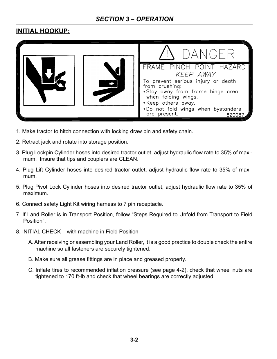 Initial hookup, Initial hookup -2 | Summers 84' Superroller User Manual | Page 30 / 52