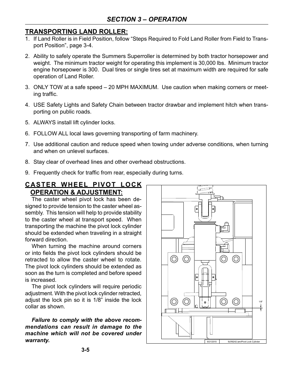 Transporting, Caster wheel pivot lock operation & adjustment, Transporting -5 | Transporting land roller | Summers 84' Superroller User Manual | Page 33 / 52