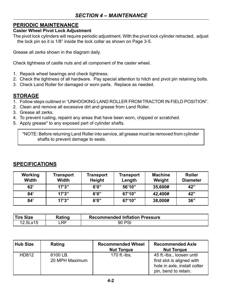 Periodic maintenance, Storage, Specifications | Storage & specifications -2 | Summers 84' Superroller User Manual | Page 36 / 52