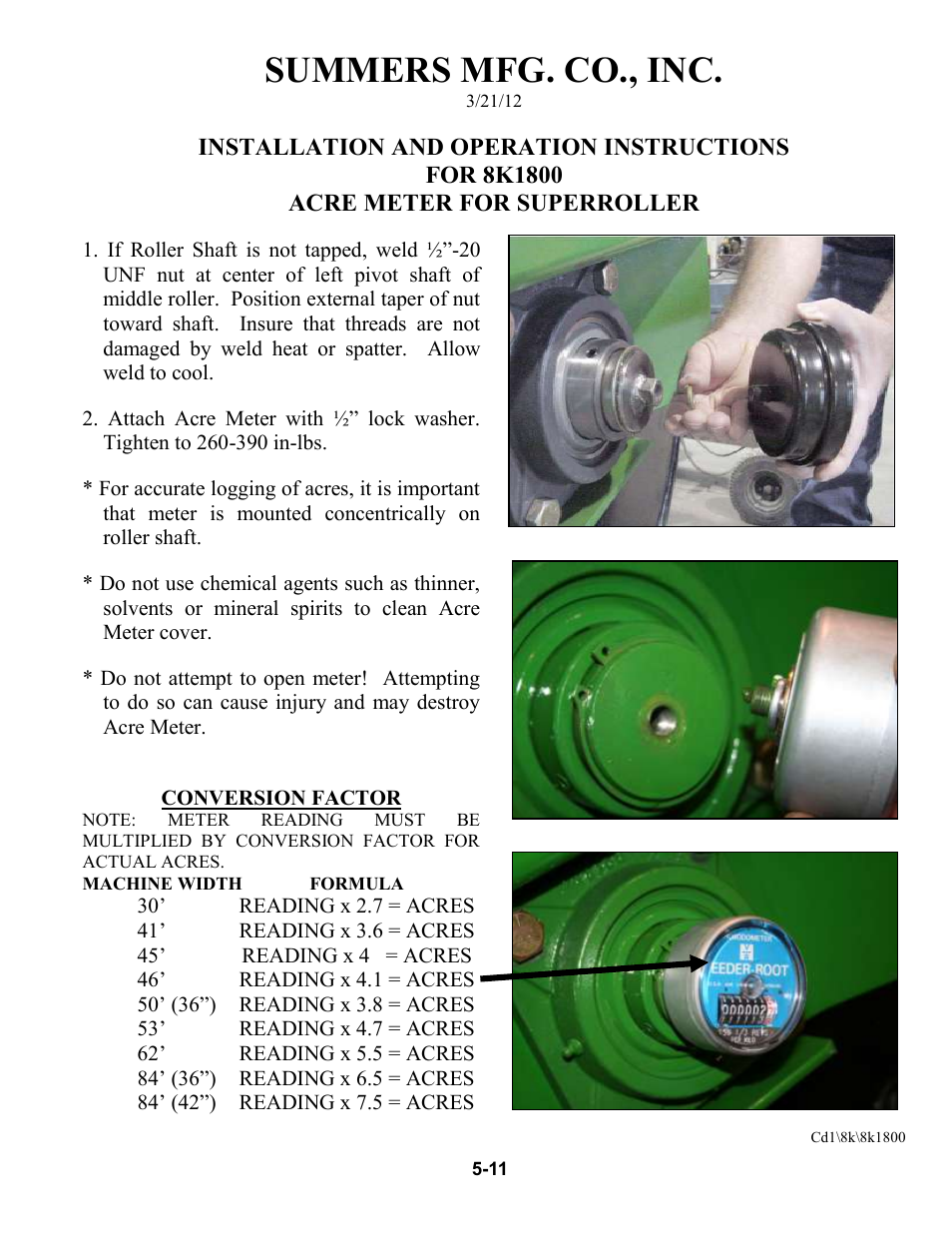 Acre meter, Acre meter option -11, Summers mfg. co., inc | Summers 84' Superroller User Manual | Page 47 / 52