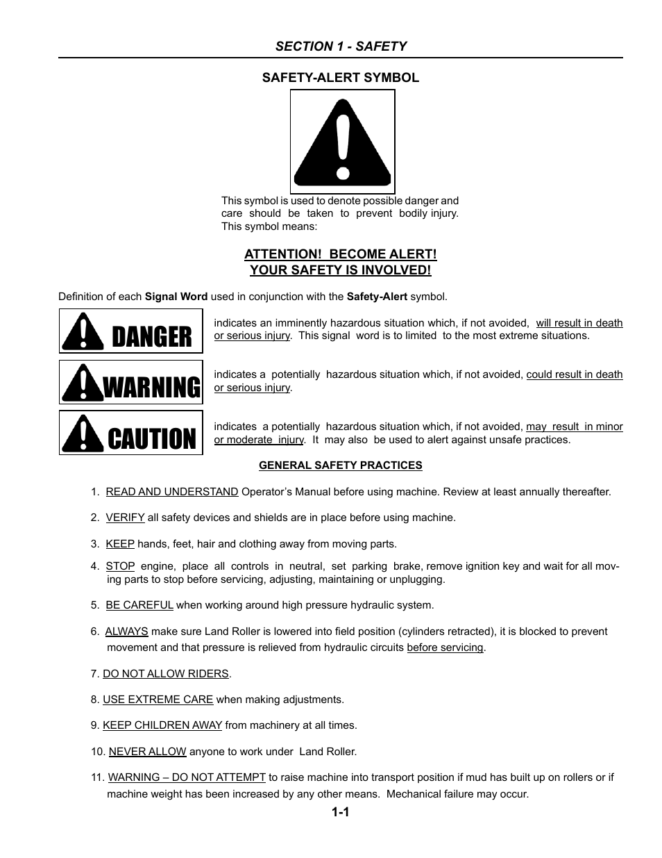 Section 1 - safety, General safety practices, Section 1 – safety | Safety-alert symbol -1 general safety practices -1, Danger warning caution | Summers 84' Superroller User Manual | Page 5 / 52