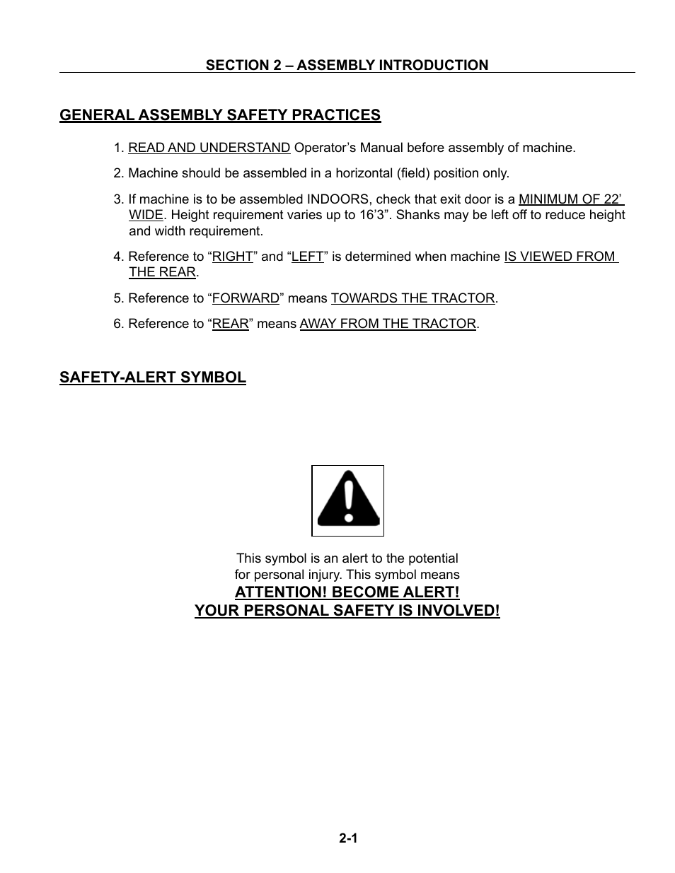 Section 2 - assembly, Assembly safety practices, Safety alert symbol | Summers Disk-Chisel User Manual | Page 13 / 154