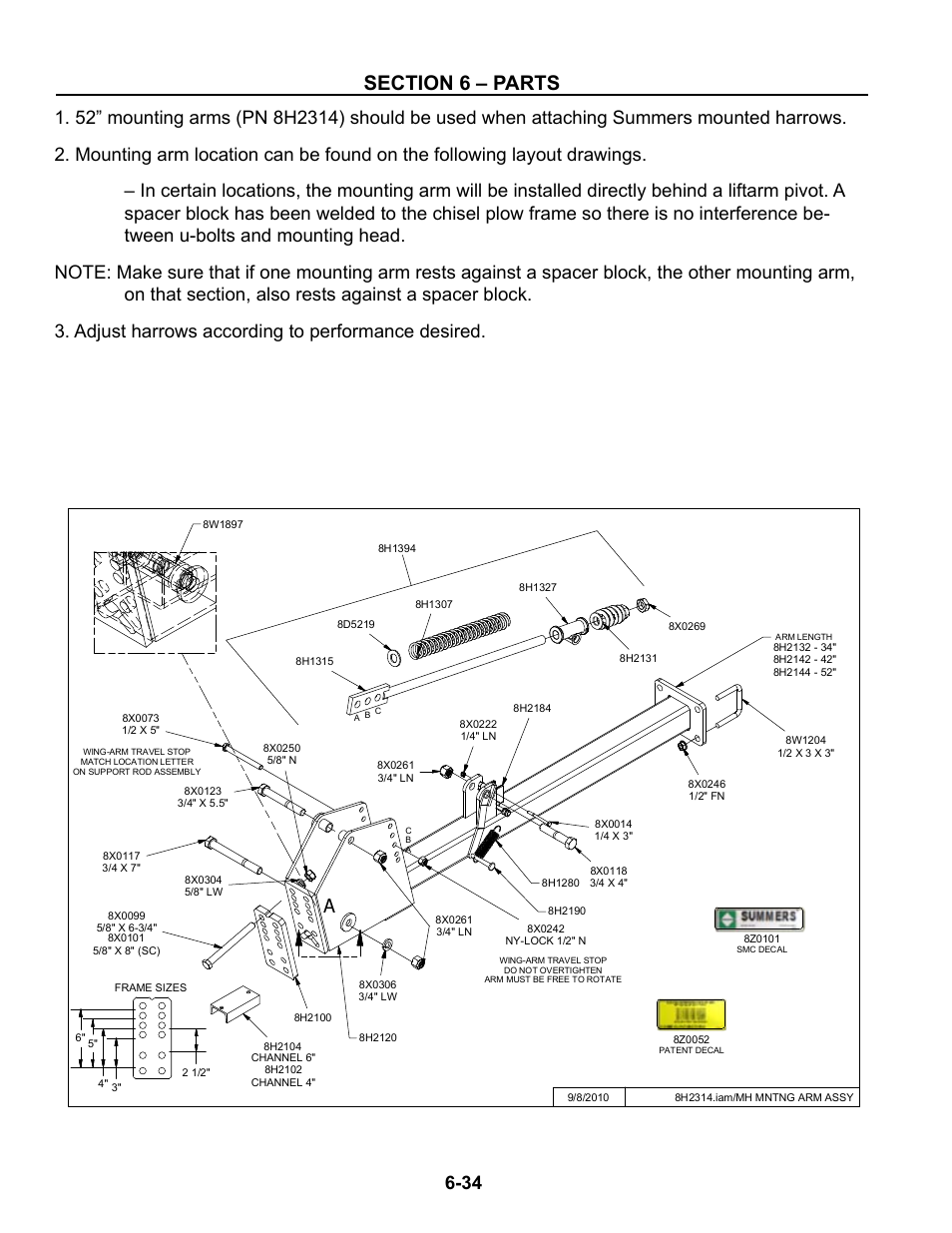 Mounting arm assembly, Mounted harrow mounting arm assembly -34 | Summers Disk-Chisel User Manual | Page 134 / 154