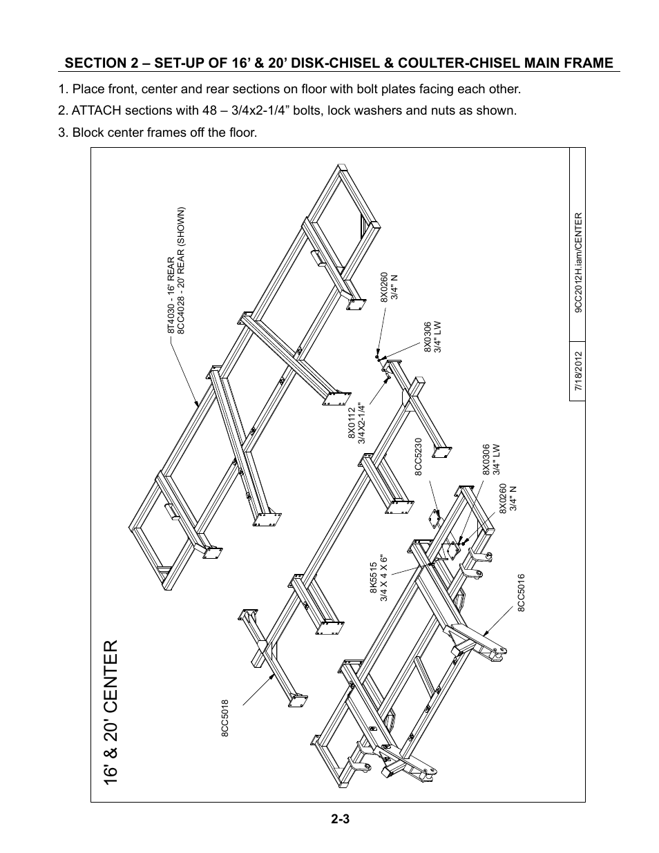 16' & 20' main frame, Set-up of 16’ & 20’ -3 – 2-7, 16 ' & 20 ' c en ter | Summers Disk-Chisel User Manual | Page 15 / 154
