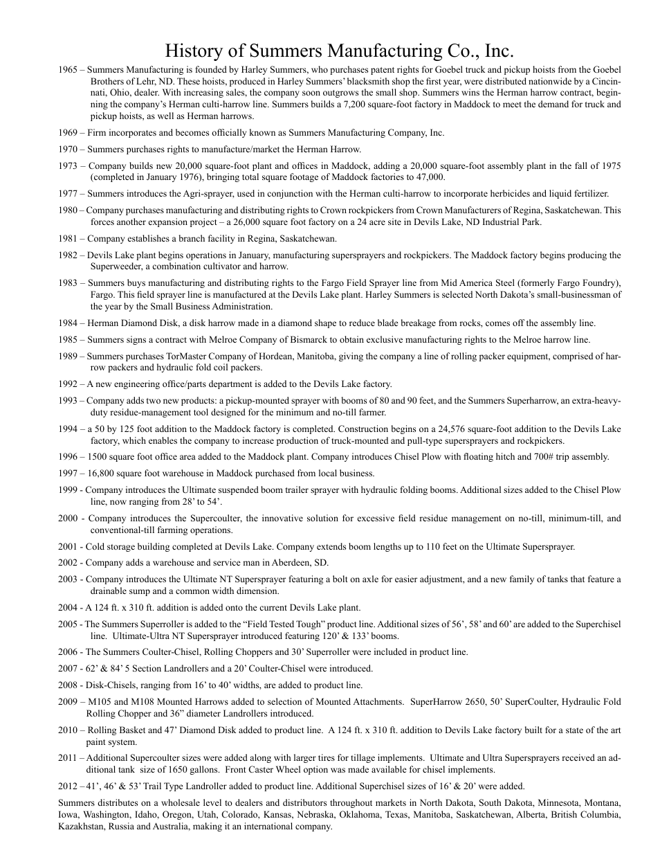 Summers history, History of summers manufacturing co., inc | Summers Disk-Chisel User Manual | Page 153 / 154