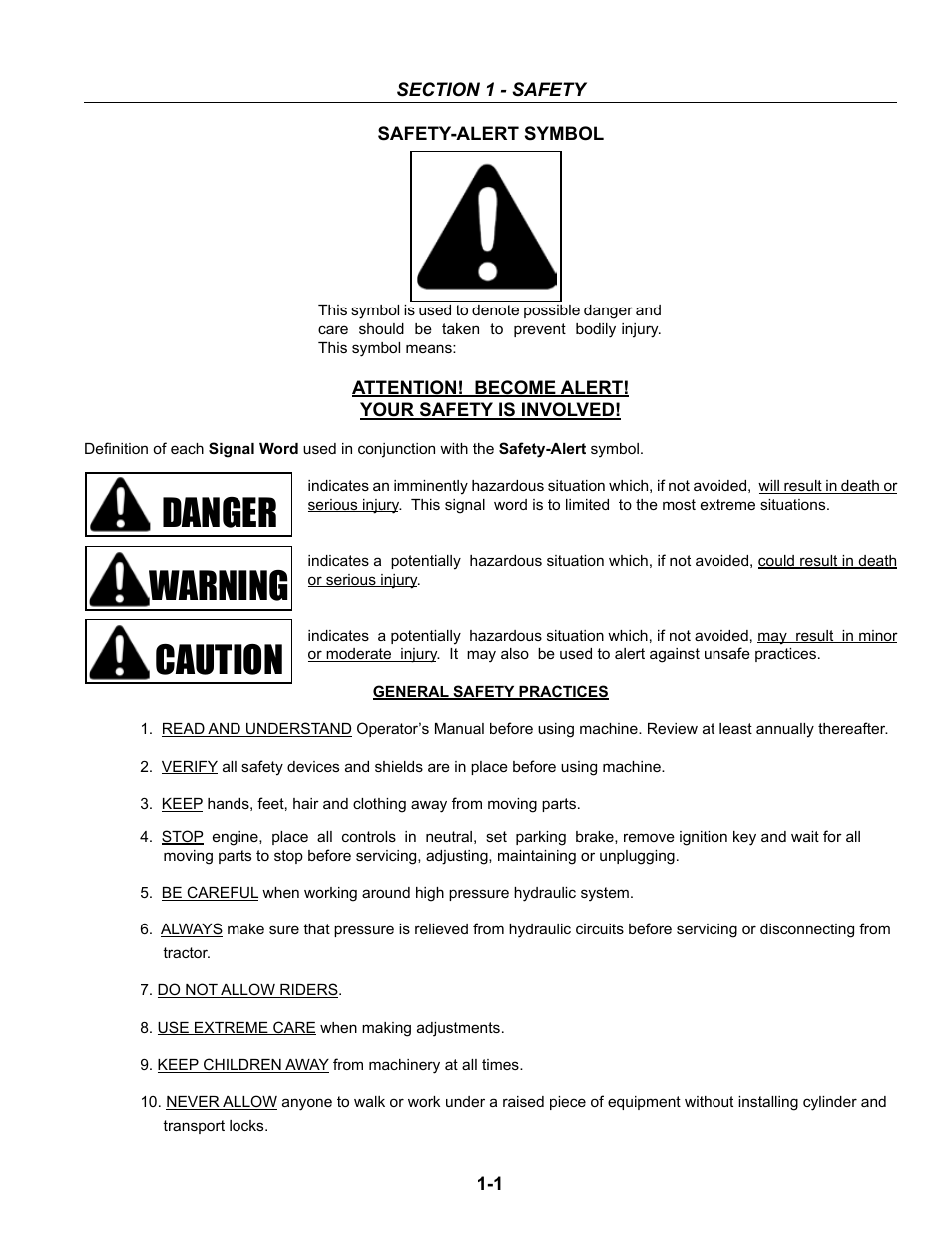 Section 1 - safety, General safety practices, Safety-alert symbol -1 general safety practices -1 | Danger warning caution | Summers Disk-Chisel User Manual | Page 7 / 154