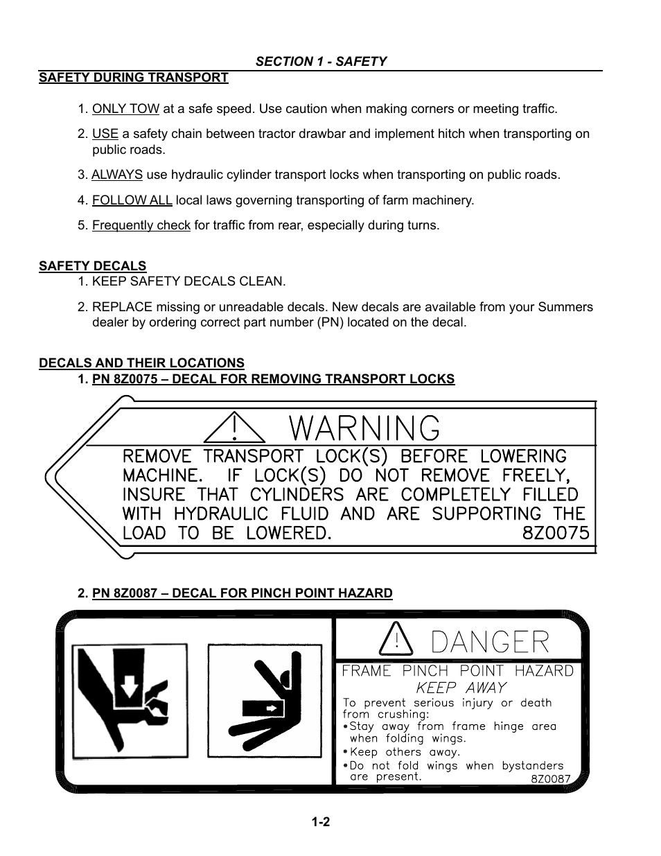 Safety during transport, Safety decals and locations | Summers Disk-Chisel User Manual | Page 8 / 154