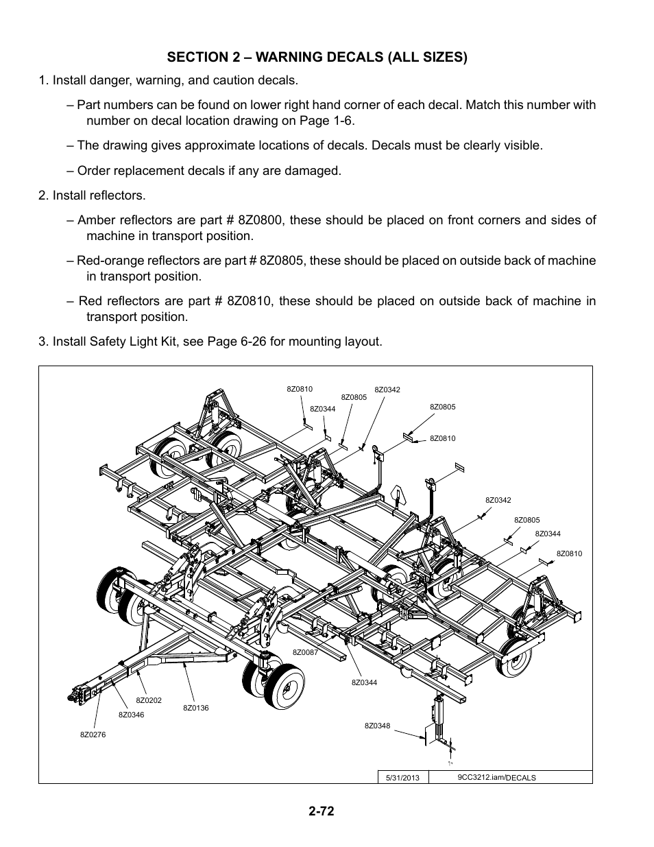 Warning decal locations, Decals/options -72 | Summers Disk-Chisel User Manual | Page 84 / 154