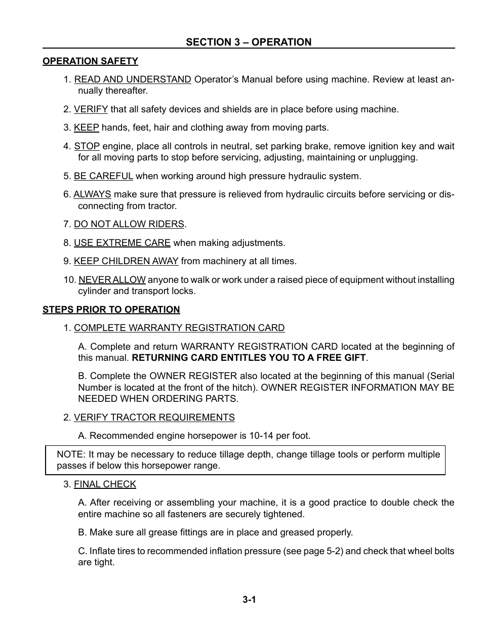 Section 3 - operation, Safety, Prior to operation | Operation safety -1 steps prior to operation -1 | Summers Disk-Chisel User Manual | Page 85 / 154