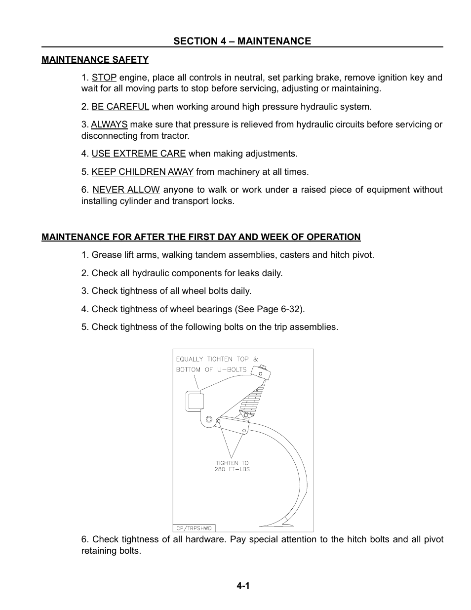 Section 4 - maintenance, Safety, First day & week of operation | Summers Disk-Chisel User Manual | Page 97 / 154