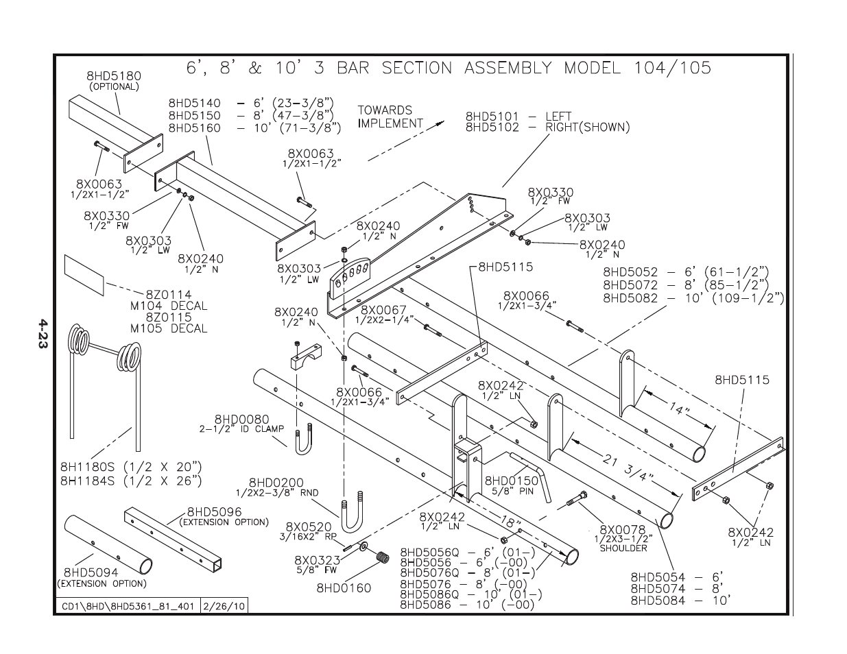 Mounted harrow assembly, M104/105 3 bar section assembly -23 | Summers 2510 DT User Manual | Page 85 / 98