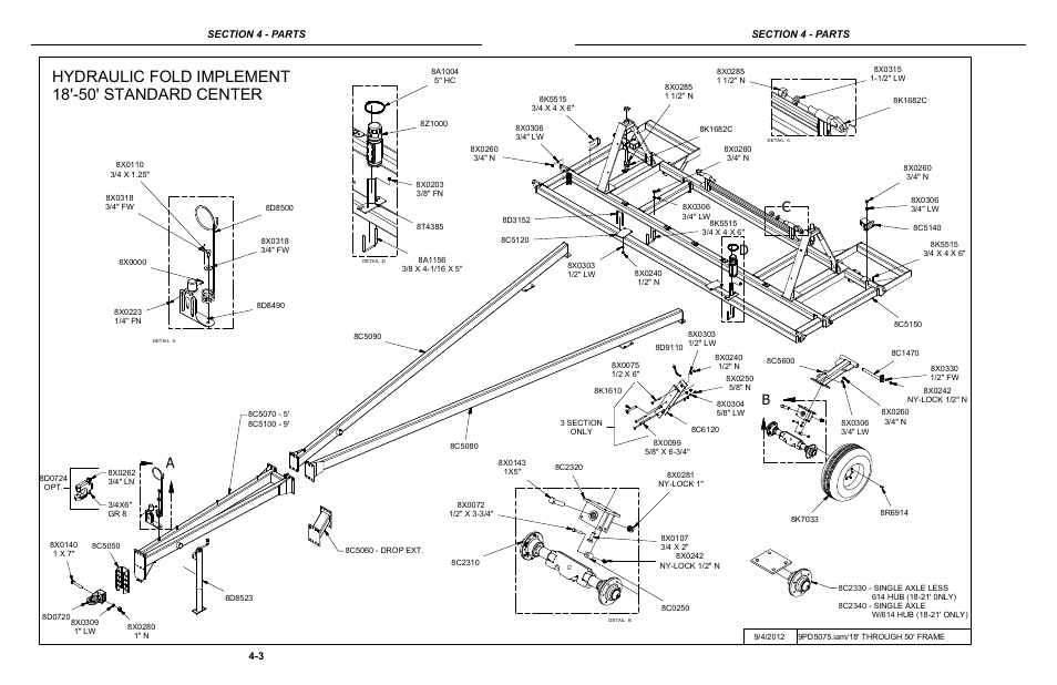 18'-50' standard center assembly, Center frames 18’-50’ standard center -3, Hydraulic fold implement 18'-50' standard center | Ab c d | Summers Hydraulic Fold Coil User Manual | Page 101 / 122