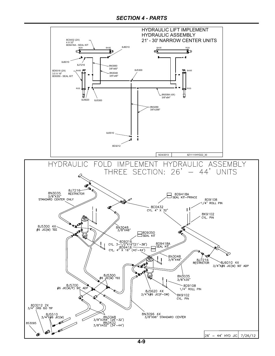 21'-30' narrow center hydraulic assembly, 26'-44' hydraulic assembly, Hydraulic system 21’-30’ narrow center -9 | Hydraulic system 26’-44’ standard center -9 | Summers Hydraulic Fold Coil User Manual | Page 107 / 122