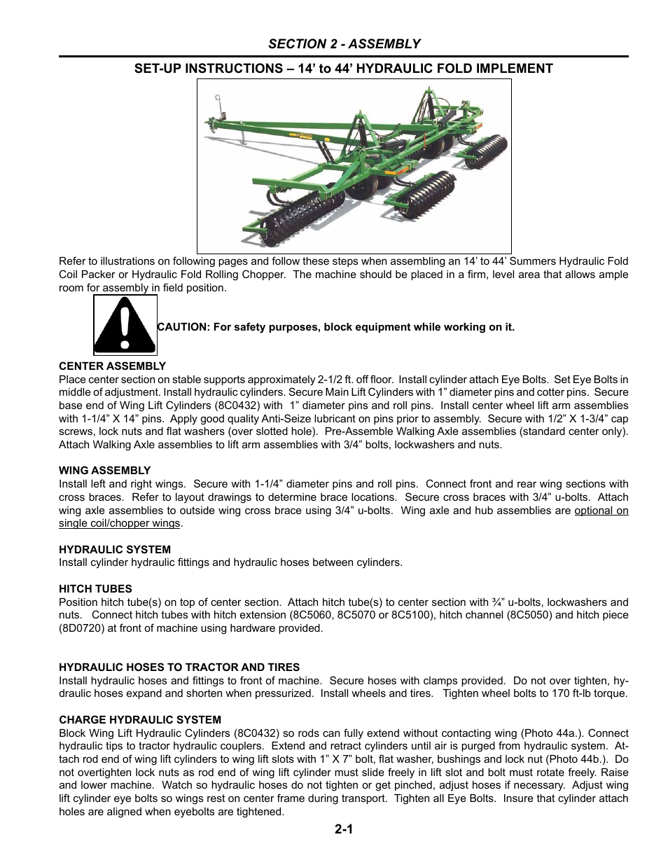 Section 2 - assembly, 14' to 44' coil packer assembly, Section 2: assembly | 14’ to 44’ set-up instructions -1 – 2-25 | Summers Hydraulic Fold Coil User Manual | Page 11 / 122