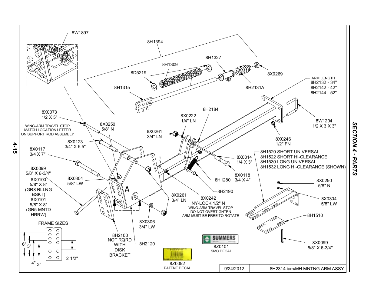 Mounted harrow mounting arm assembly, Mounting arm assembly -15 | Summers Hydraulic Fold Coil User Manual | Page 113 / 122