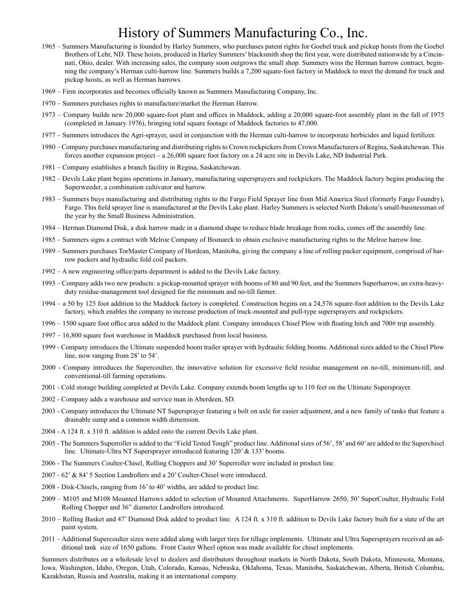 Summers history, History of summers manufacturing co., inc | Summers Hydraulic Fold Coil User Manual | Page 121 / 122