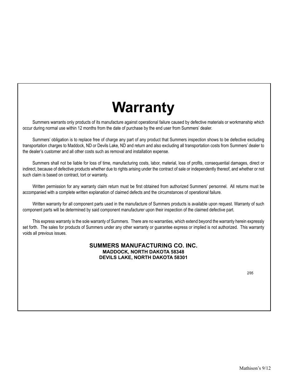 Warranty | Summers Hydraulic Fold Coil User Manual | Page 2 / 122