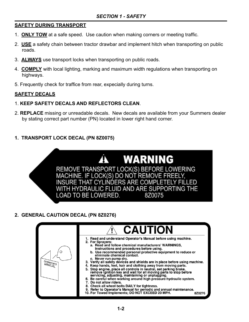 Safety during transport, Safety decals | Summers Hydraulic Fold Coil User Manual | Page 6 / 122