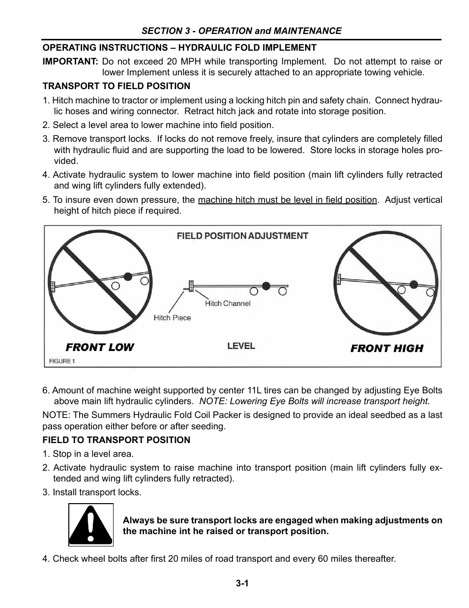 Section 3 - operation & maintenance, Transport to field position, Field to transport position | Section 3: operation and maintenance, Operating instructions -1 – 3-2 | Summers Hydraulic Fold Coil User Manual | Page 95 / 122