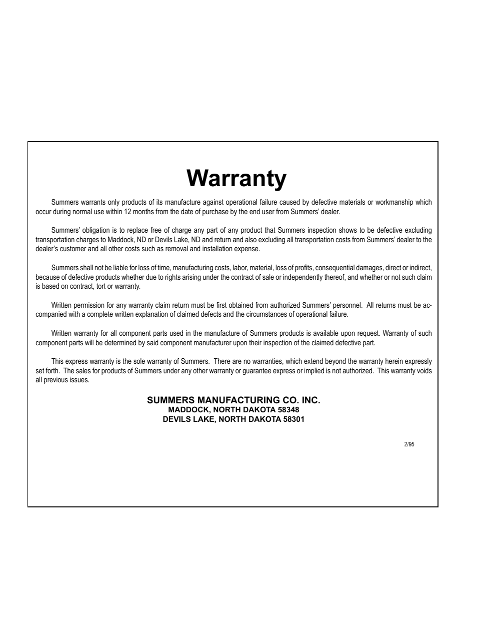 Warranty | Summers Mounted Attachments User Manual | Page 2 / 30