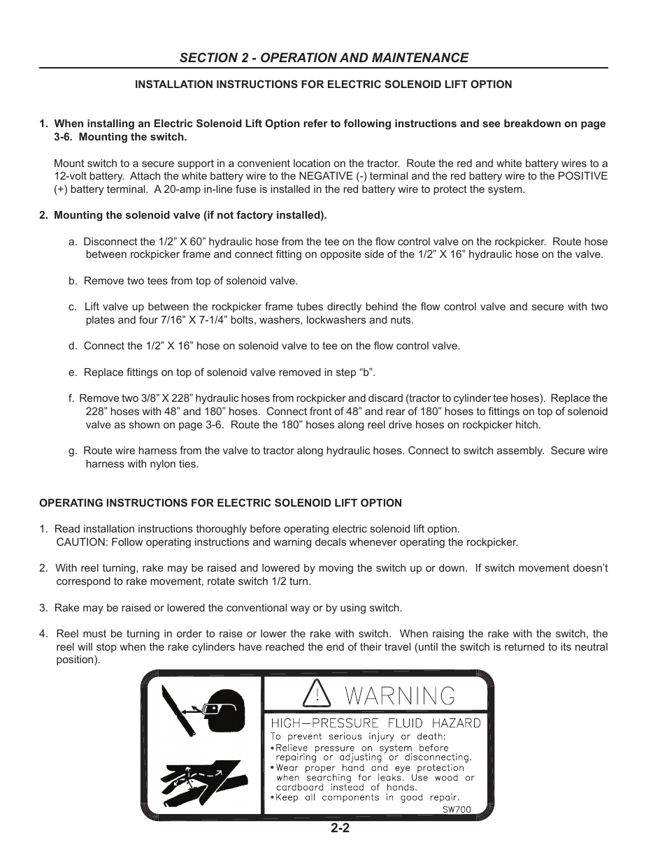 Electric solenoid lift installation, Electric solenoid operation instructions, Electric solenoid lift option -2 | Summers Rockpicker User Manual | Page 10 / 52