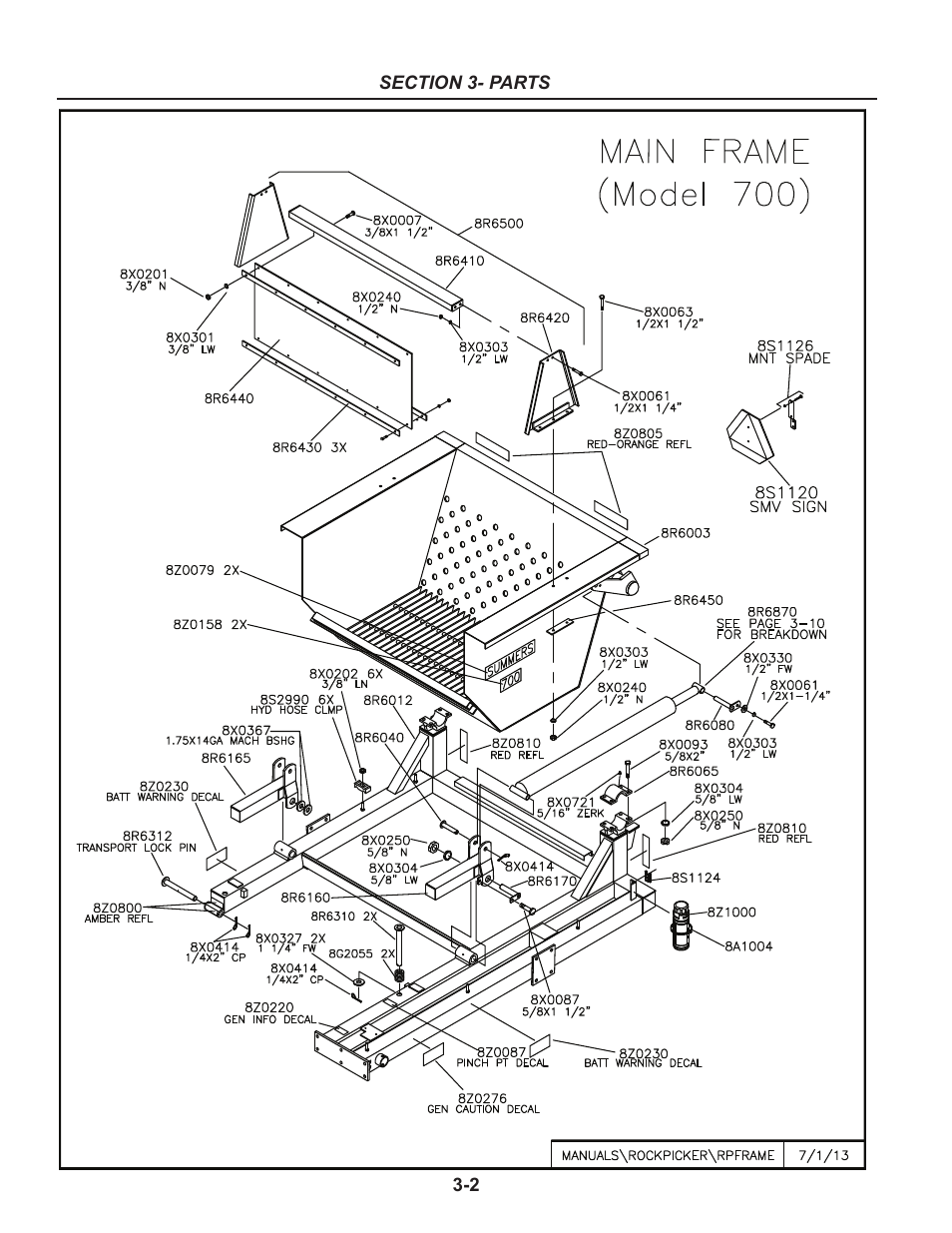 Main frame, Main frame, model 700 -2 | Summers Rockpicker User Manual | Page 14 / 52