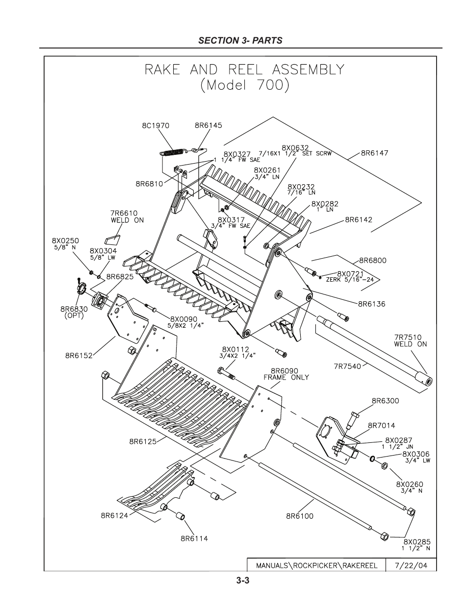 Rake & reel assembly, Rake and reel assembly, model 700 -3 | Summers Rockpicker User Manual | Page 15 / 52