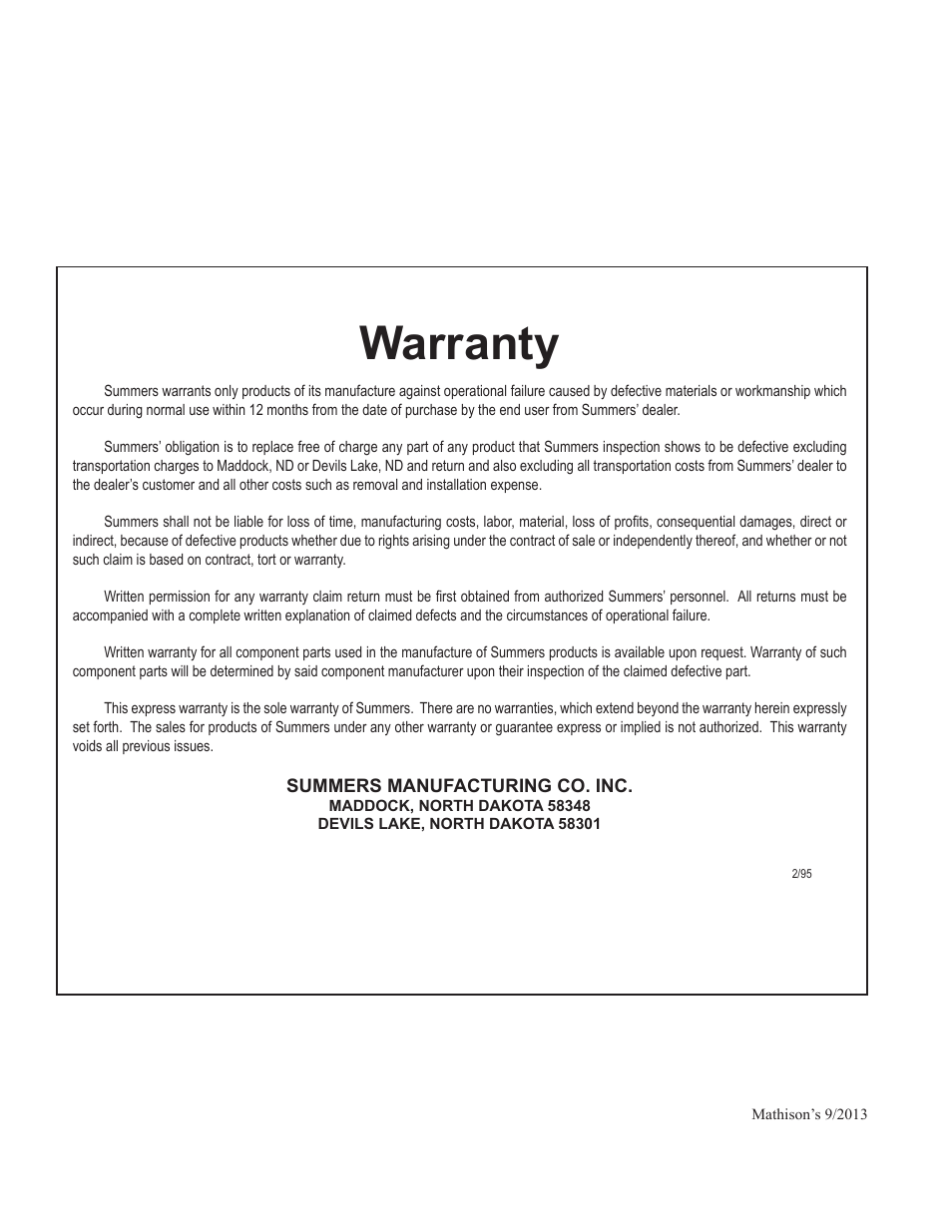 Warranty | Summers Rockpicker User Manual | Page 2 / 52