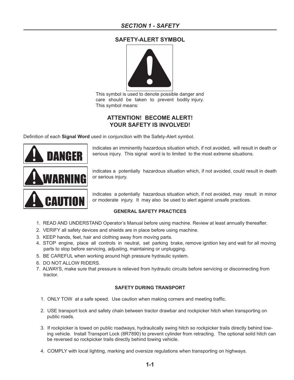 Section 1 - safety, General safety practices, Safety during transport | Danger warning caution | Summers Rockpicker User Manual | Page 5 / 52