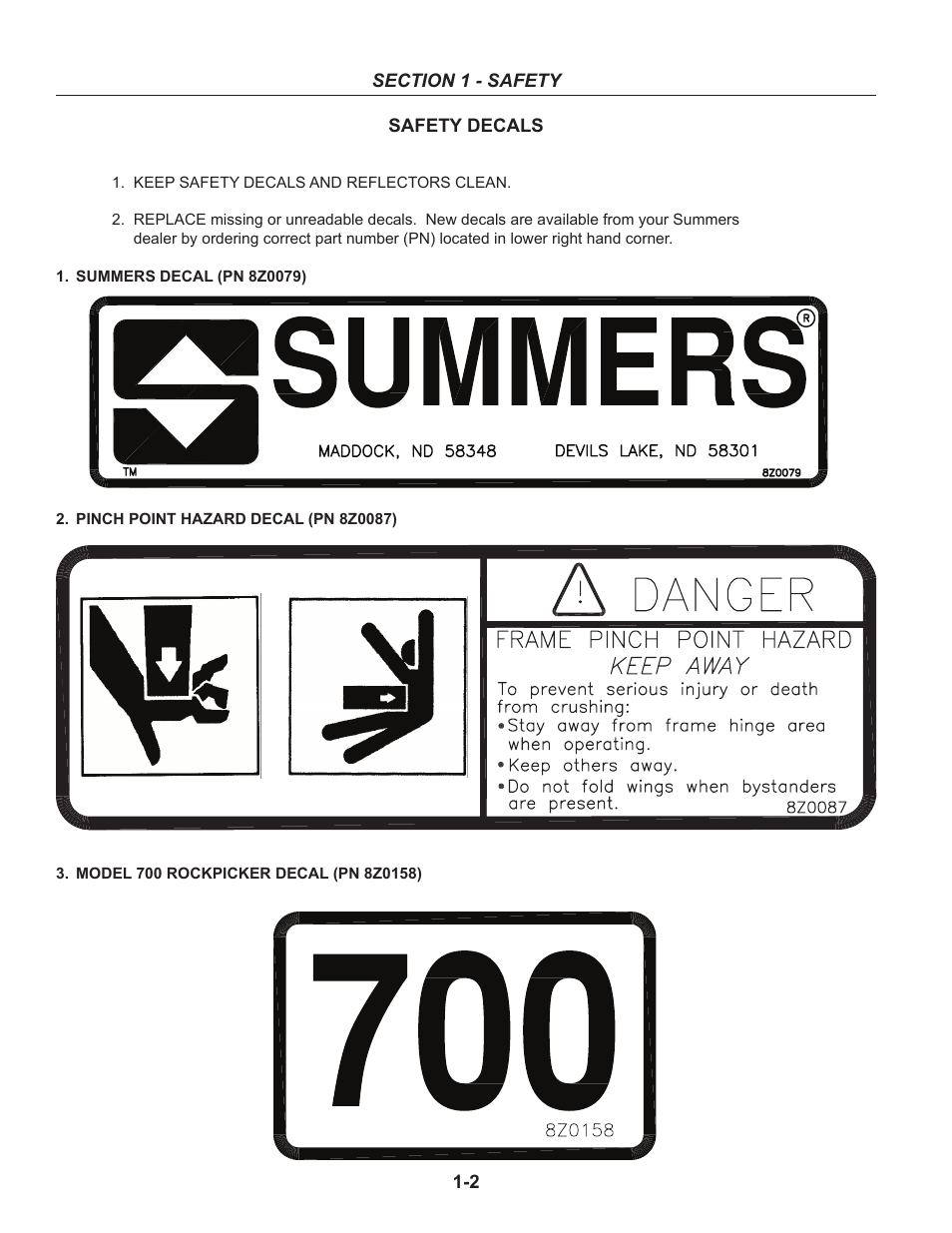 Safety decals, Safety decals -2 – 1-3 | Summers Rockpicker User Manual | Page 6 / 52