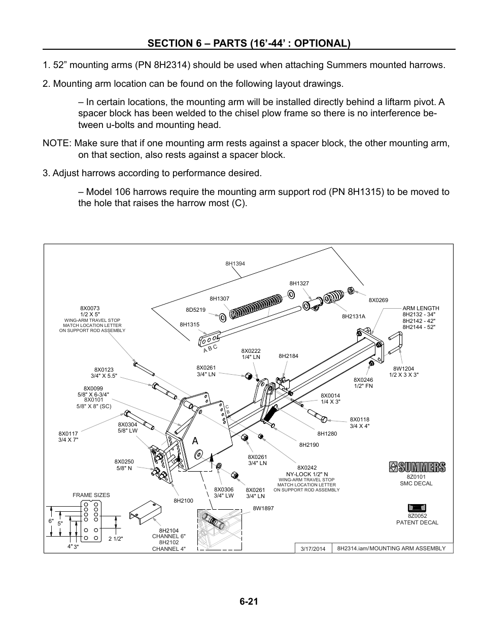 Options, Mounted harrows, Mounted harrow mounting arm assembly | Optional mounted harrows -21 – 6-31 | Summers Superchisel - 3-Section User Manual | Page 105 / 138