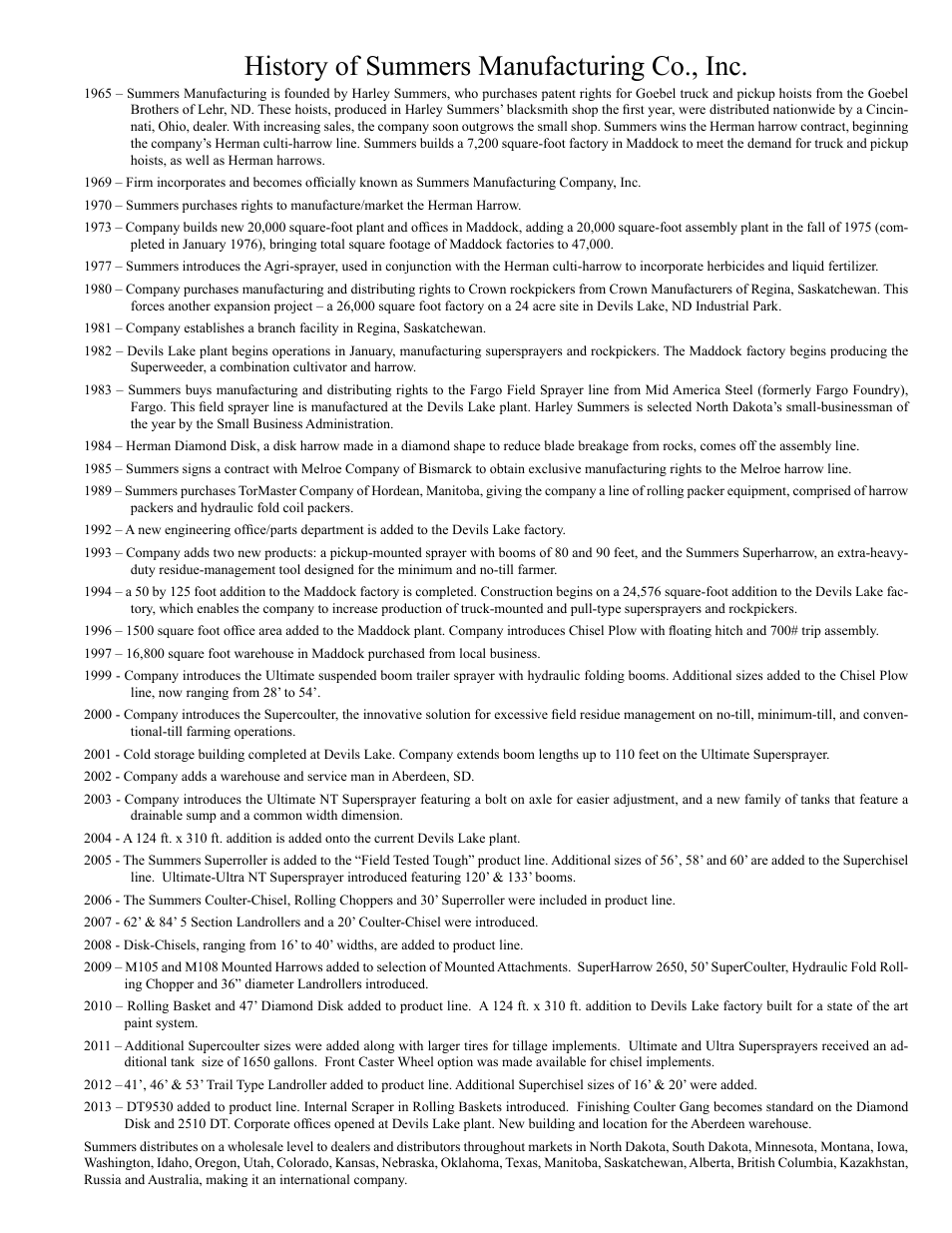 Summers history, History of summers manufacturing co., inc | Summers Superchisel - 3-Section User Manual | Page 137 / 138