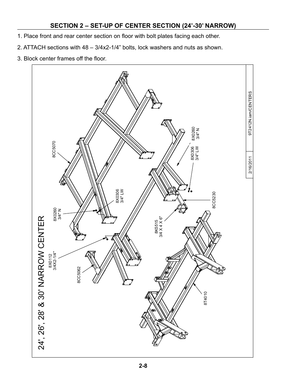 24'-30' narrow center, Set-up of 24’ thru 30’ narrow -8 – 2-22 | Summers Superchisel - 3-Section User Manual | Page 20 / 138