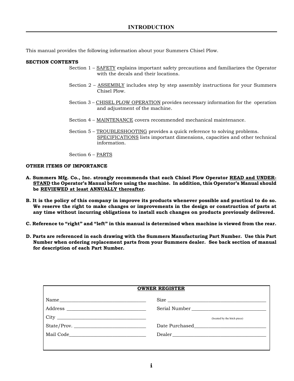 Introduction, Owner registration | Summers Superchisel - 3-Section User Manual | Page 3 / 138