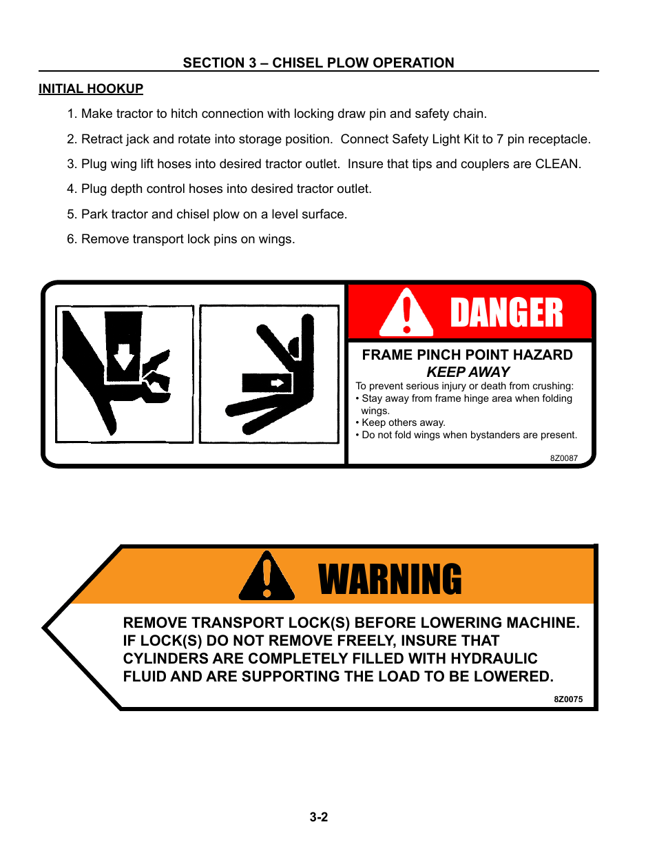 Initial hookup, Initial hookup -2 – 3-5, Warning | Danger | Summers Superchisel - 3-Section User Manual | Page 68 / 138