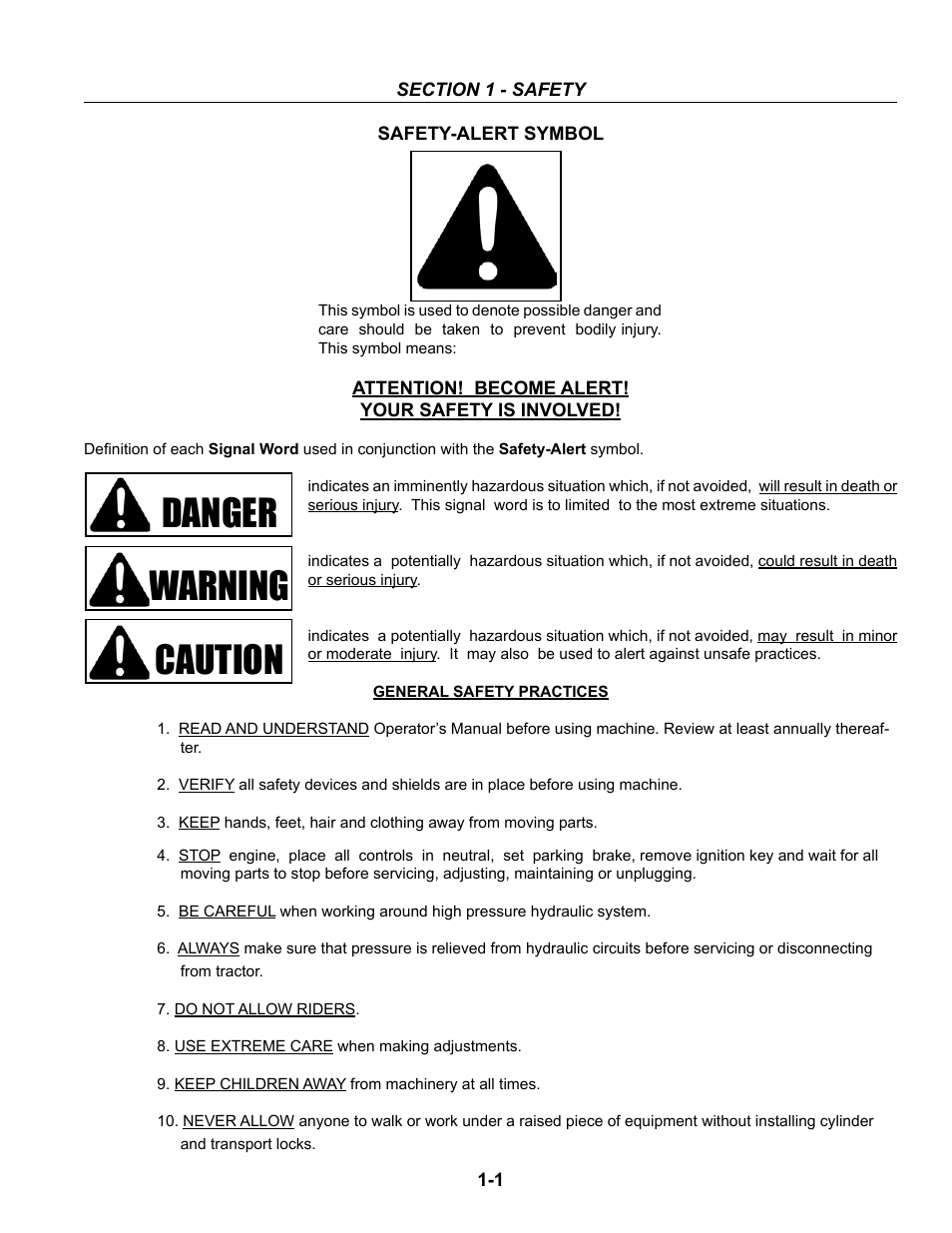 Section 1 - safety, General safety practices, Section 1 – safety explains important | Safety-alert symbol -1, General safety practices -1, Danger warning caution | Summers Superchisel - 3-Section User Manual | Page 7 / 138