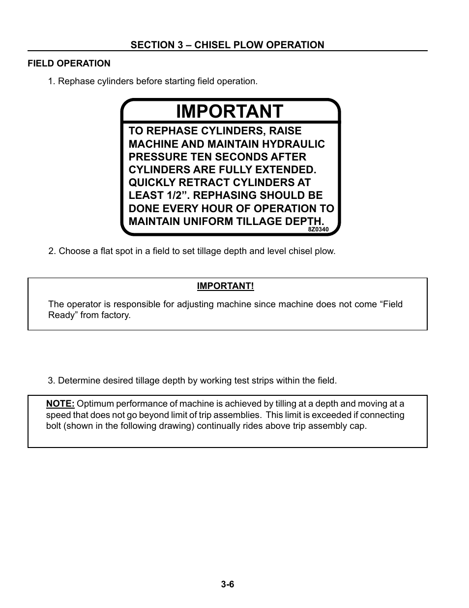 Field operation, Field operation -6 – 3-11, Important | Summers Superchisel - 3-Section User Manual | Page 72 / 138