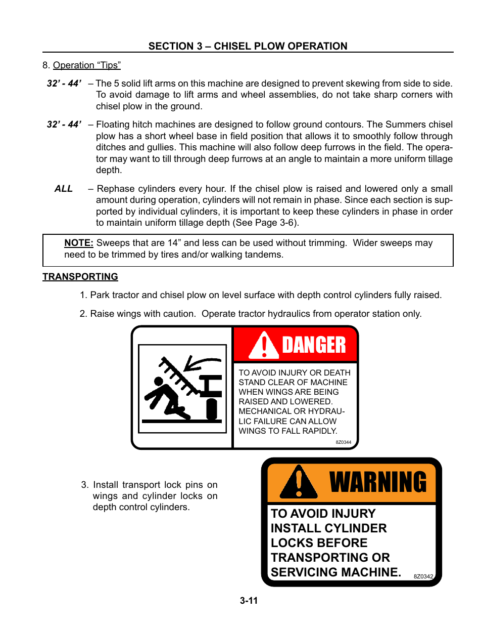 Transporting -11 – 3-12, Warning, Danger | Summers Superchisel - 3-Section User Manual | Page 77 / 138