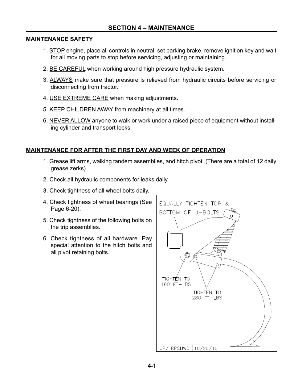 Section 4 - maintenance, Maintenance safety, After 1st day and week of operation | Maintenance safety -1 | Summers Superchisel - 3-Section User Manual | Page 79 / 138