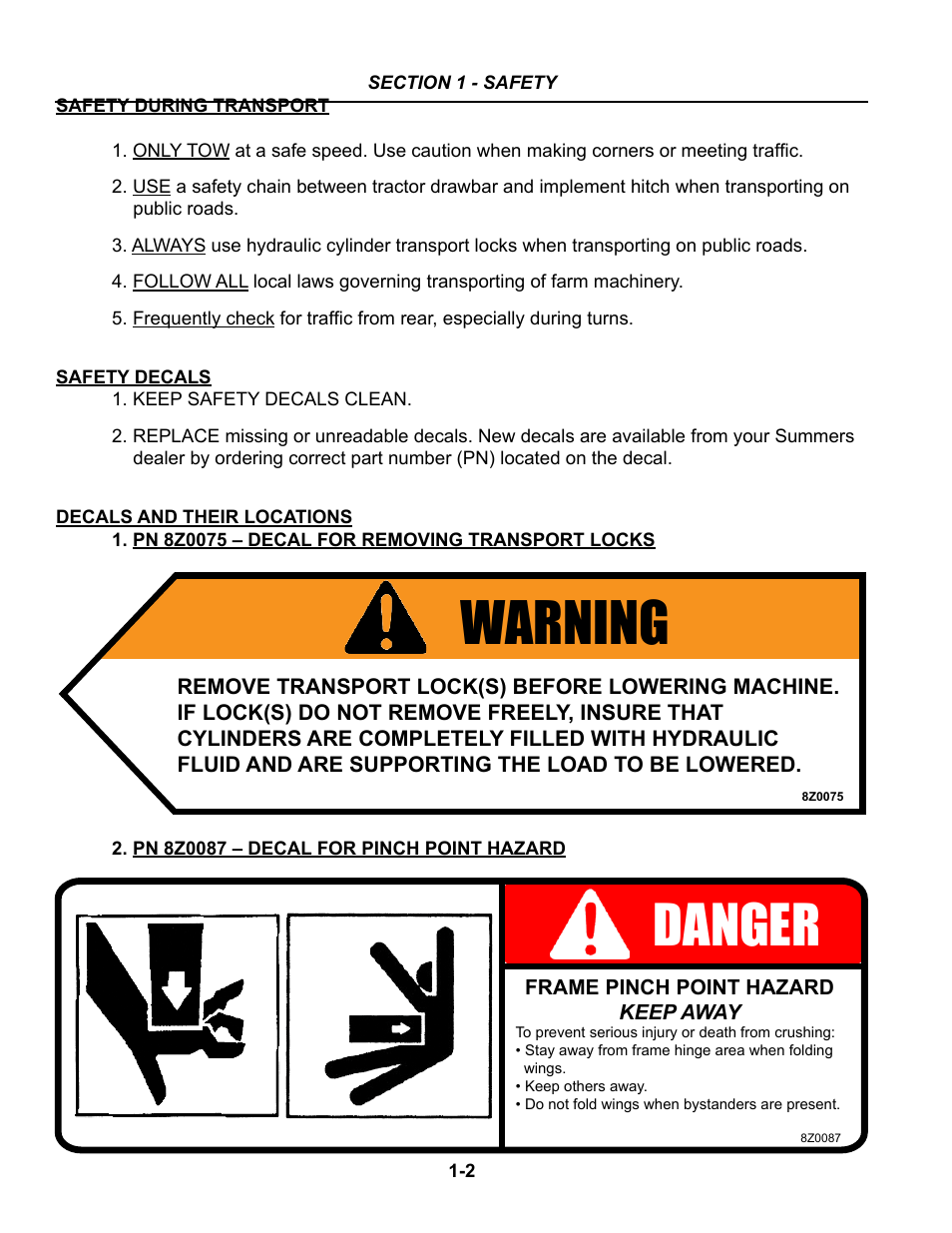 Safety during transport, Safety decals, Safety during transport -2 | Safety decals -2, Decals and their locations -2 – 1-6, Warning, Danger | Summers Superchisel - 3-Section User Manual | Page 8 / 138