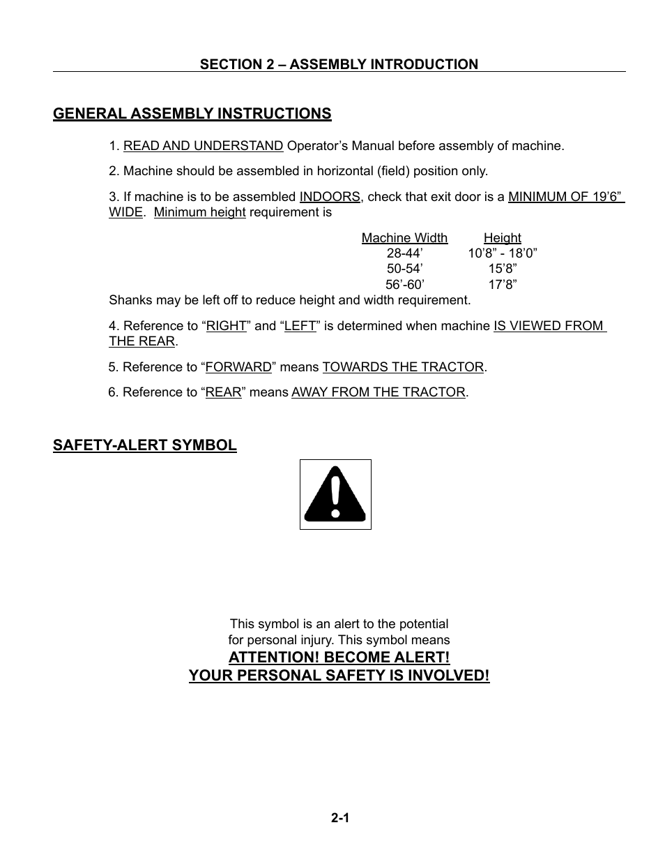 Section 2 - assembly, Assembly instructions, General assembly safety practices -1 | Safety alert symbol -1 | Summers Superchisel - 5-Section User Manual | Page 13 / 98