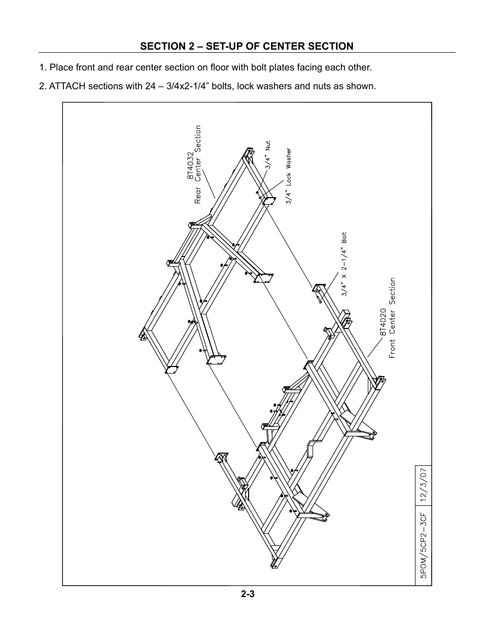 Center section set-up, Set-up of center section -3 – 2-7 | Summers Superchisel - 5-Section User Manual | Page 15 / 98