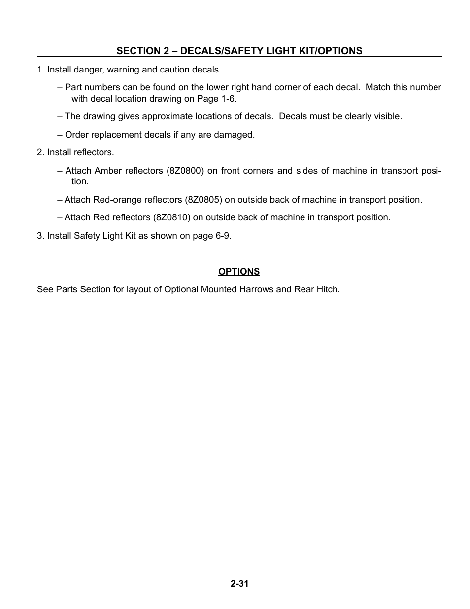 Decals/safety lights, Decals/safety light kit/options -31 | Summers Superchisel - 5-Section User Manual | Page 43 / 98