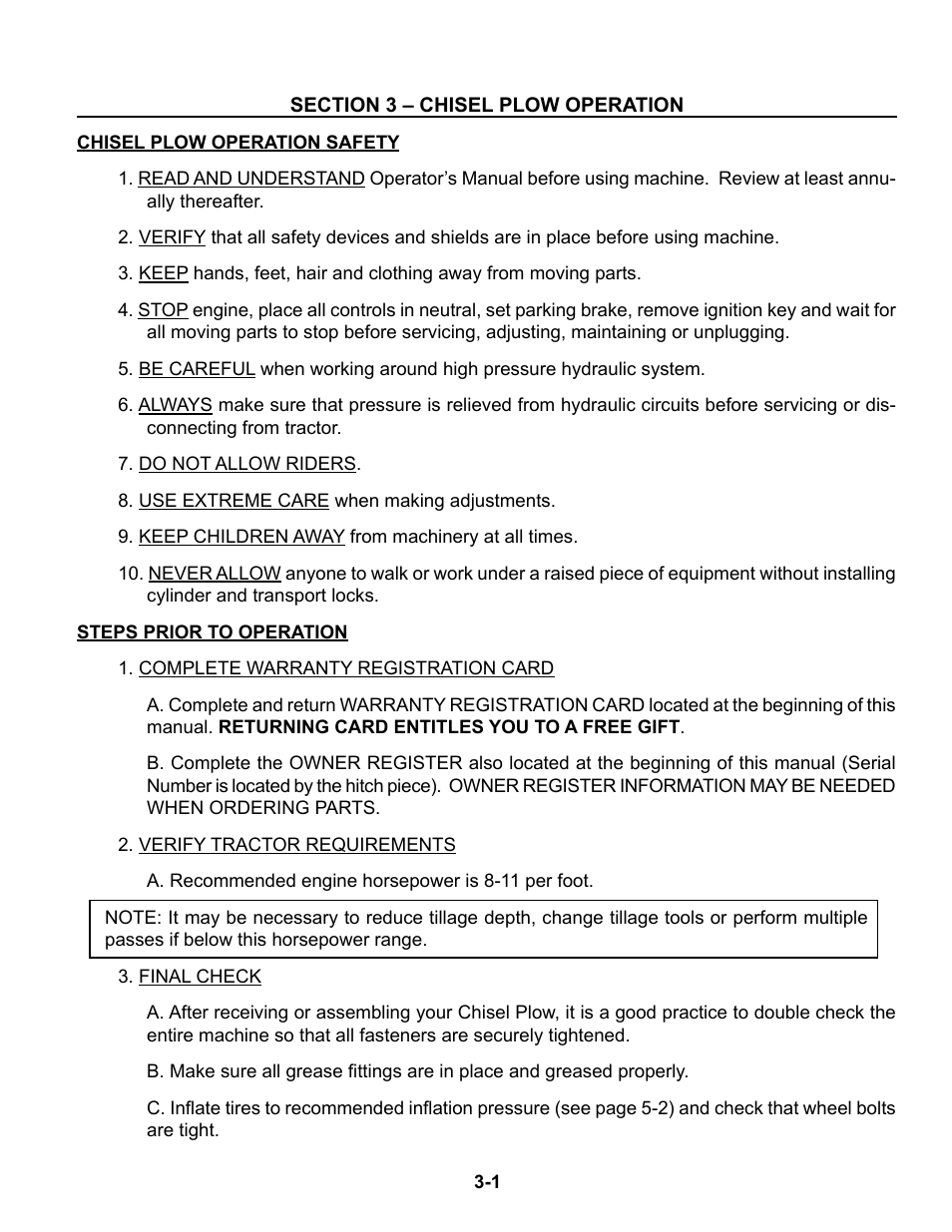 Section 3 - operation, Operation safety, Steps prior to operation | Chisel plow operation safety -1, Steps prior to operation -1 | Summers Superchisel - 5-Section User Manual | Page 45 / 98