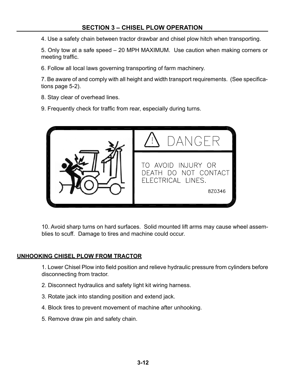 Unhooking from tractor, Unhooking chisel plow from tractor -12 | Summers Superchisel - 5-Section User Manual | Page 56 / 98