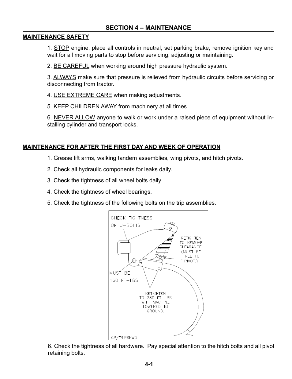 Section 4 - maintenance, Maintenance safety, After 1st day/week of operation | Maintenance safety -1 | Summers Superchisel - 5-Section User Manual | Page 57 / 98