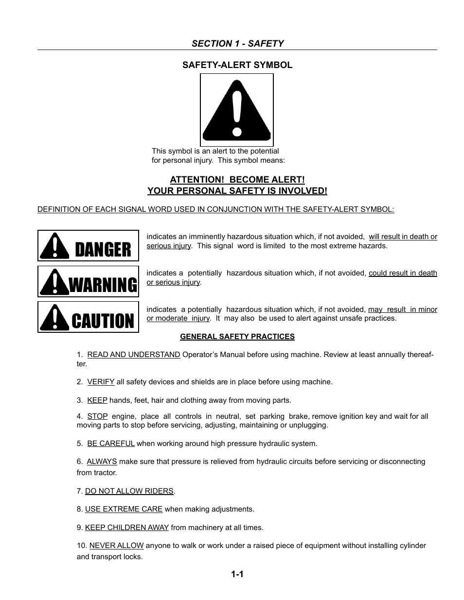 Section 1 - safety, Safety practices, Safety-alert symbol -1 | General safety practices -1, Danger warning caution | Summers Superchisel - 5-Section User Manual | Page 7 / 98