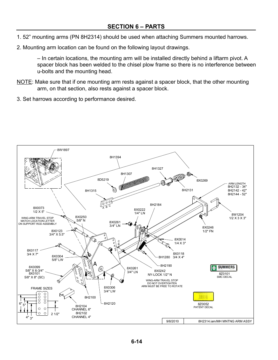 Mounted harrow arm, Optional mounted harrows -14 – 6-19 | Summers Superchisel - 5-Section User Manual | Page 74 / 98