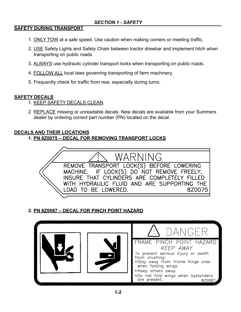 Safety during transport, Safety decals, Safety during transport -2 | Safety decals and locations -2 – 1-6 | Summers Superchisel - 5-Section User Manual | Page 8 / 98